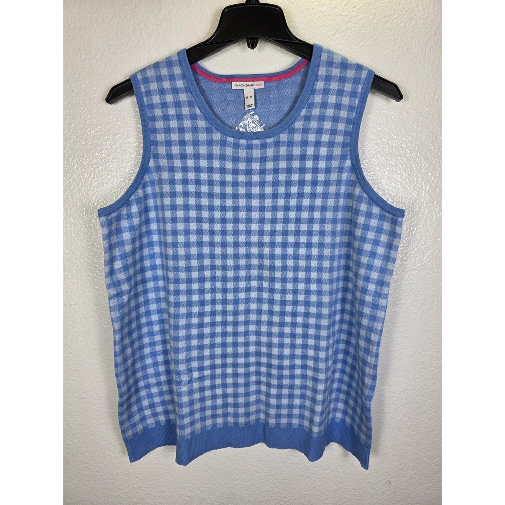 Isaac Mizrahi Live Womens XL Blue Gingham Check Knit‎ Sweater Vest Tank Top